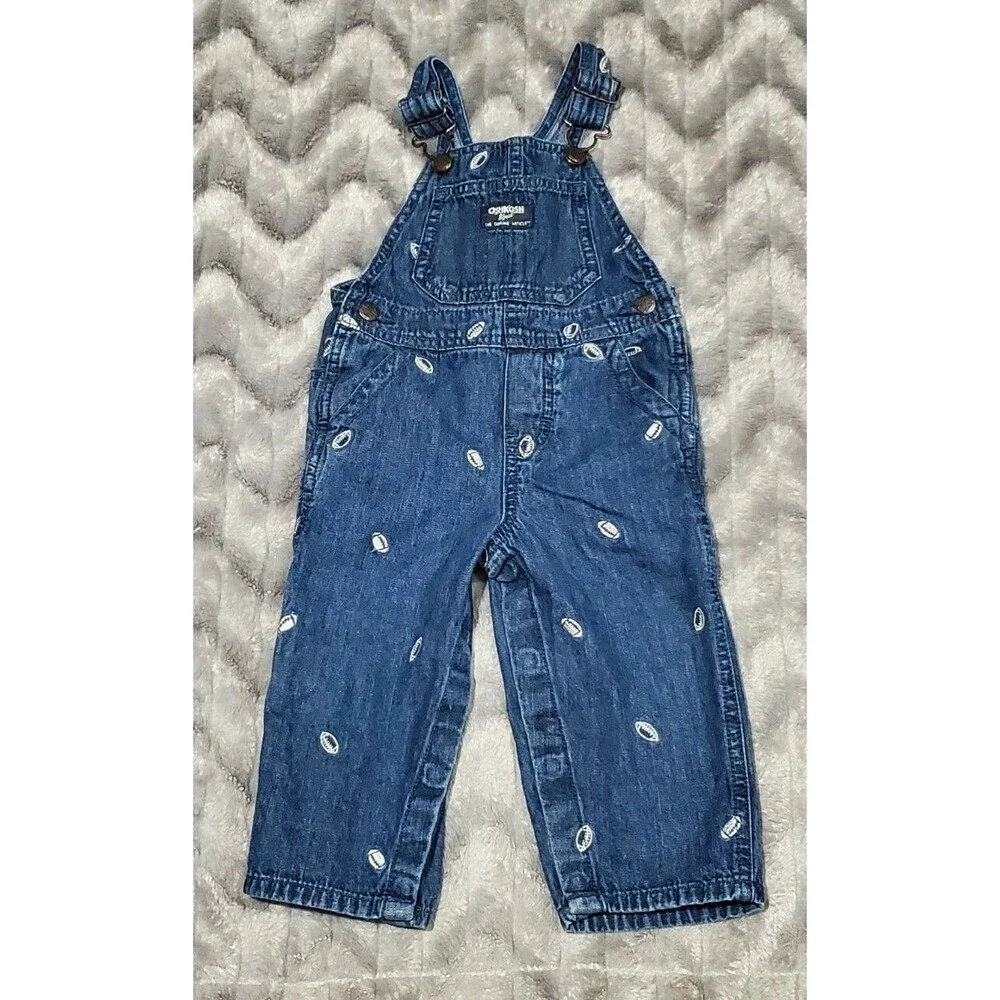 Oshkosh B Gosh Baby Toddler Boys 18 Months Football Denim Overalls Easy Change